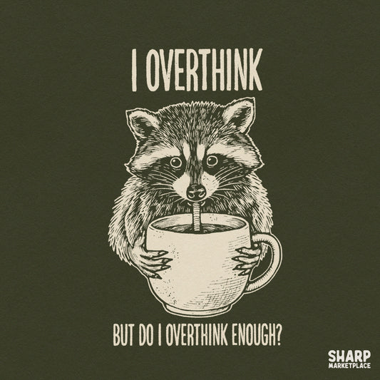 Funny raccoon drinking coffee PNG design with sarcastic overthinking meme quote for sublimation t-shirts and mugs