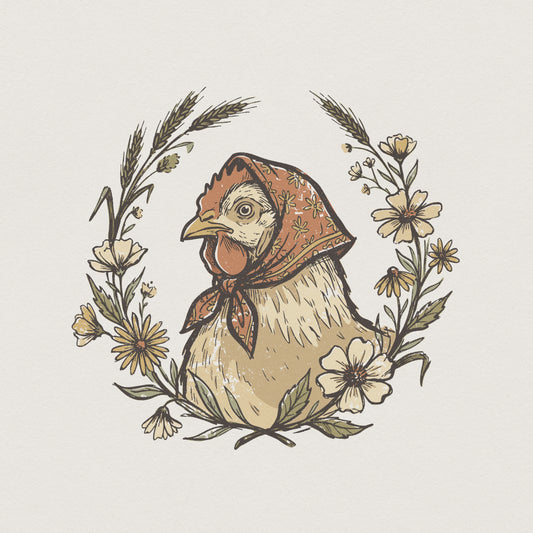 Vintage farmhouse chicken illustration wearing a floral headscarf, framed by a rustic wreath of wildflowers and wheat, ideal for sublimation and apparel.