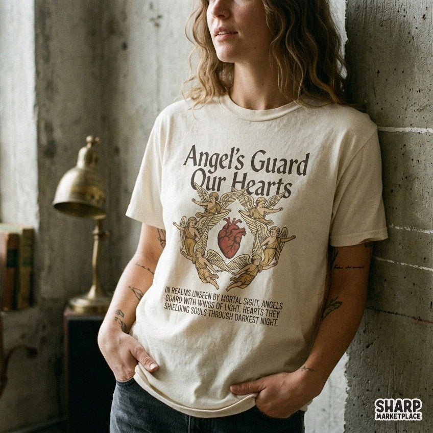 Gothic religious anatomical heart PNG graphic with angels for Christian t-shirts and faith apparel