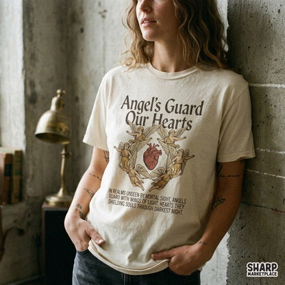 Gothic religious anatomical heart PNG graphic with angels for Christian t-shirts and faith apparel