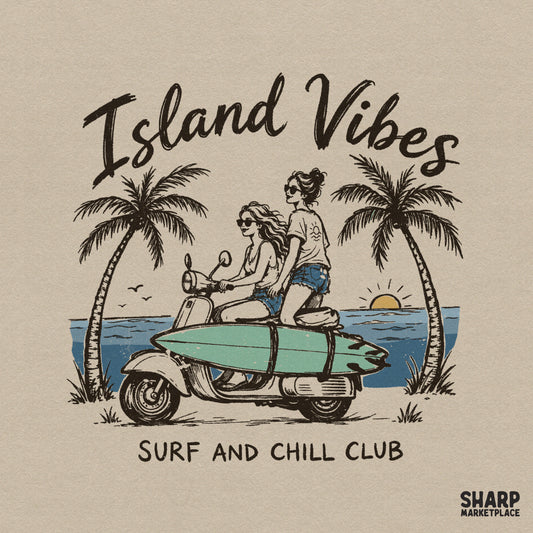 Retro Island Vibes Surf and Chill Club digital design featuring two women riding a vintage scooter with a surfboard along a tropical beach.