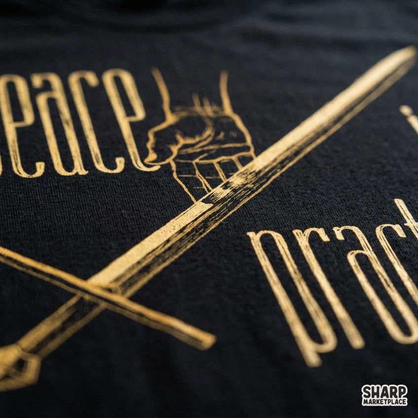 Mystical line art hand holding sword Peace Is A Practice Christian PNG graphic for t-shirt design