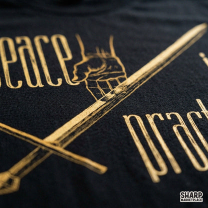 Mystical line art hand holding sword Peace Is A Practice Christian PNG graphic for t-shirt design