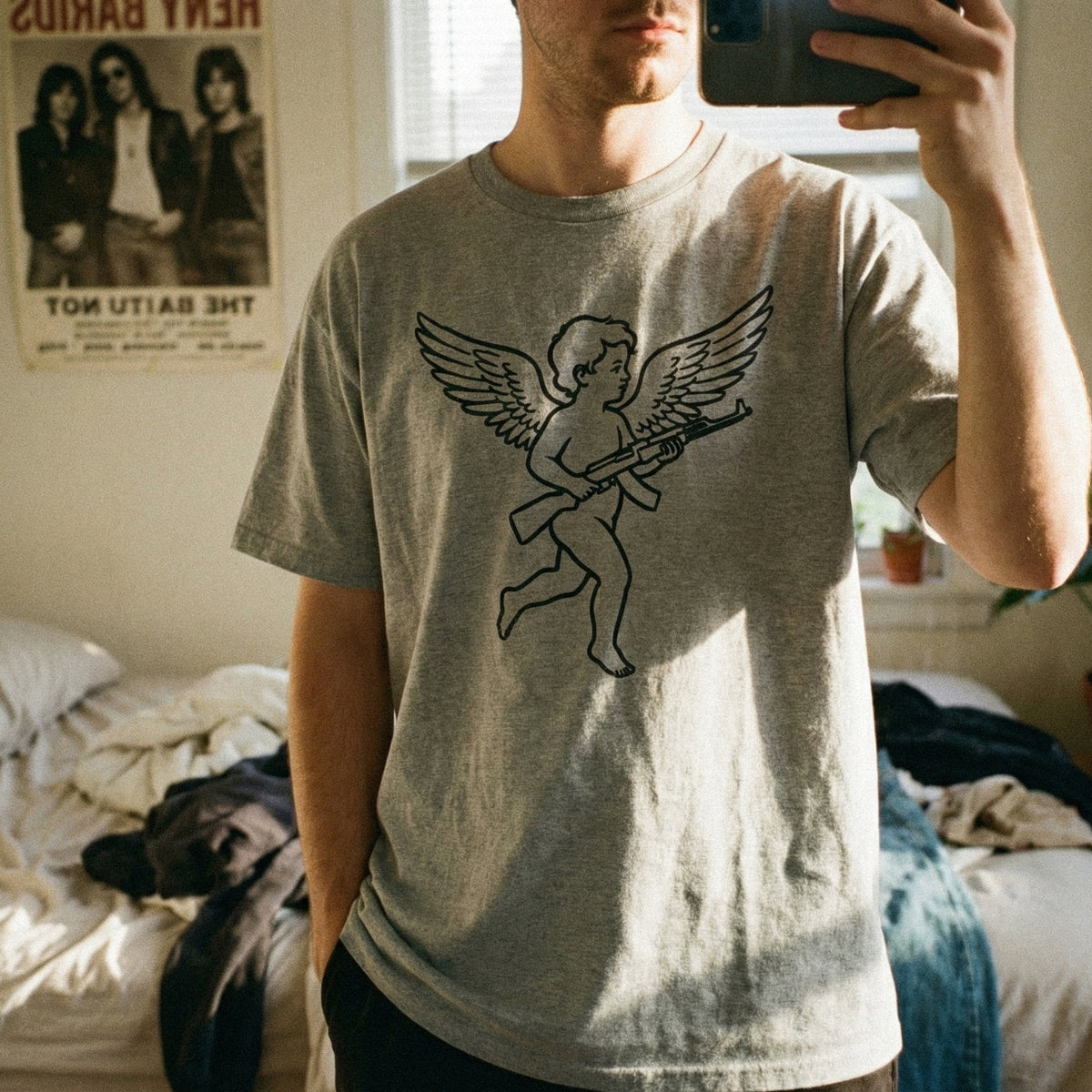 Minimalist digital illustration of a winged cherub carrying a rifle, designed with clean black outlines for use in sublimation, stickers, or apparel.