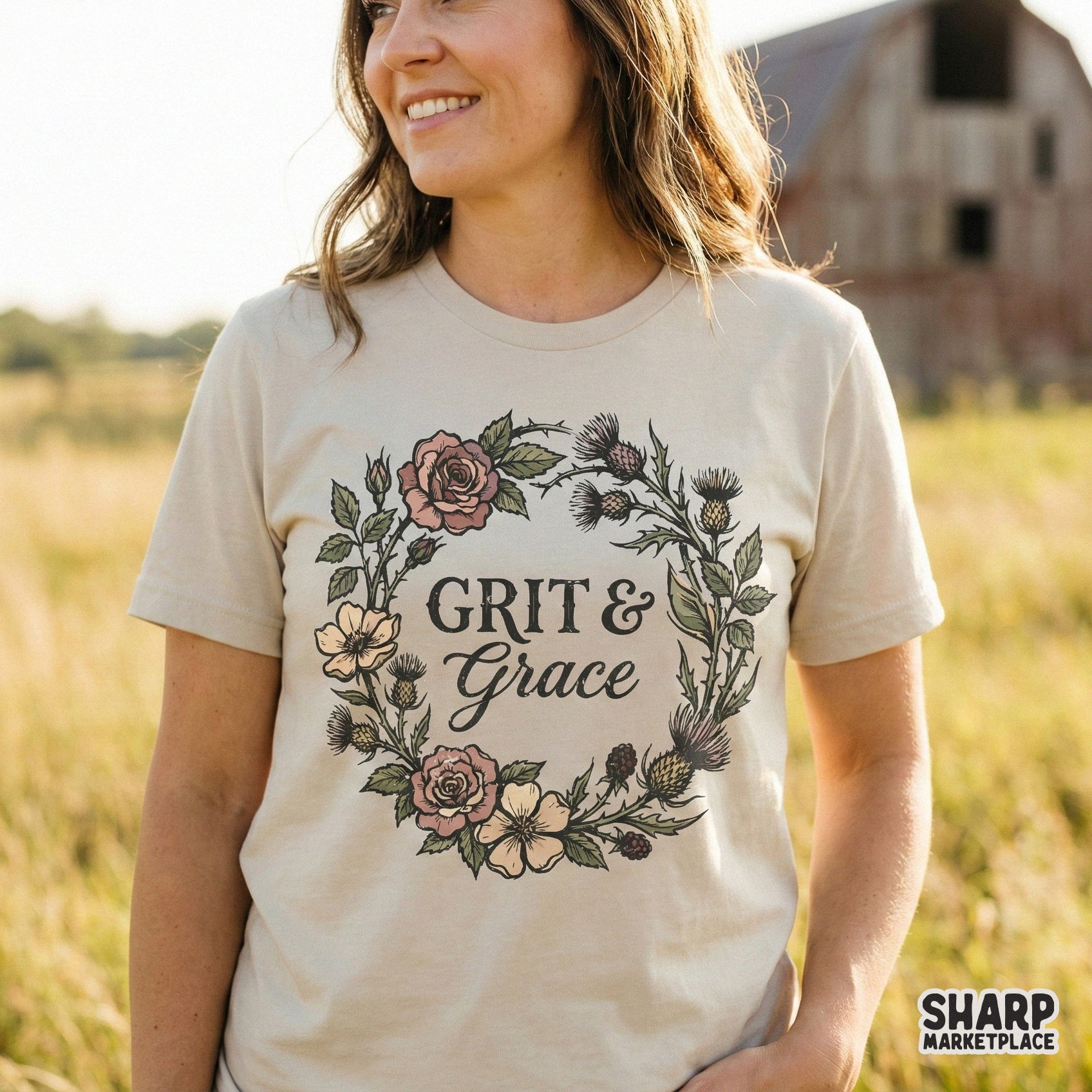 Grit & Grace PNG Floral Wreath, Inspirational Quote Shirt Design - 300
