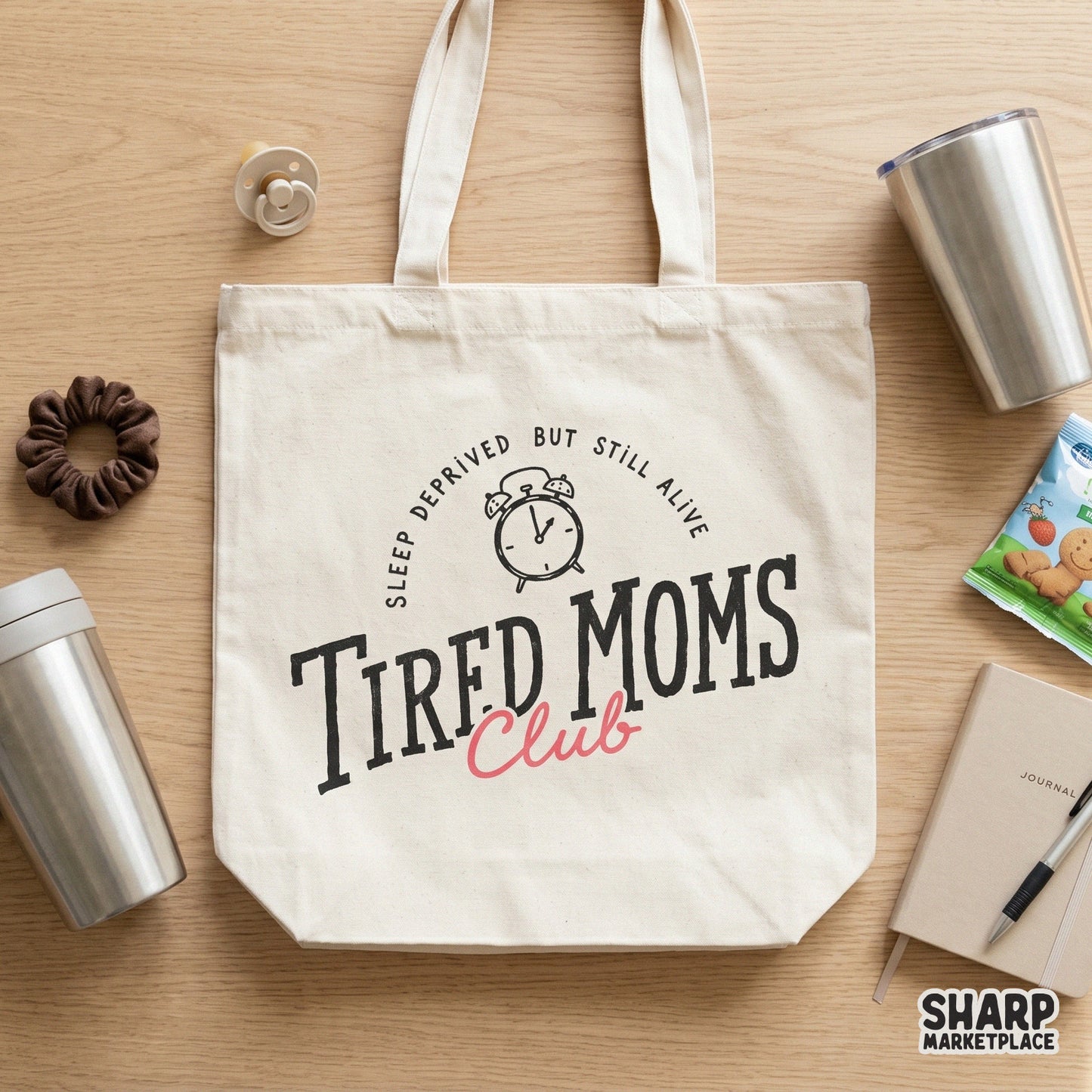 Funny mom life digital graphic with a retro alarm clock illustration and the text Tired Moms Club for custom t-shirts and DIY gift projects.