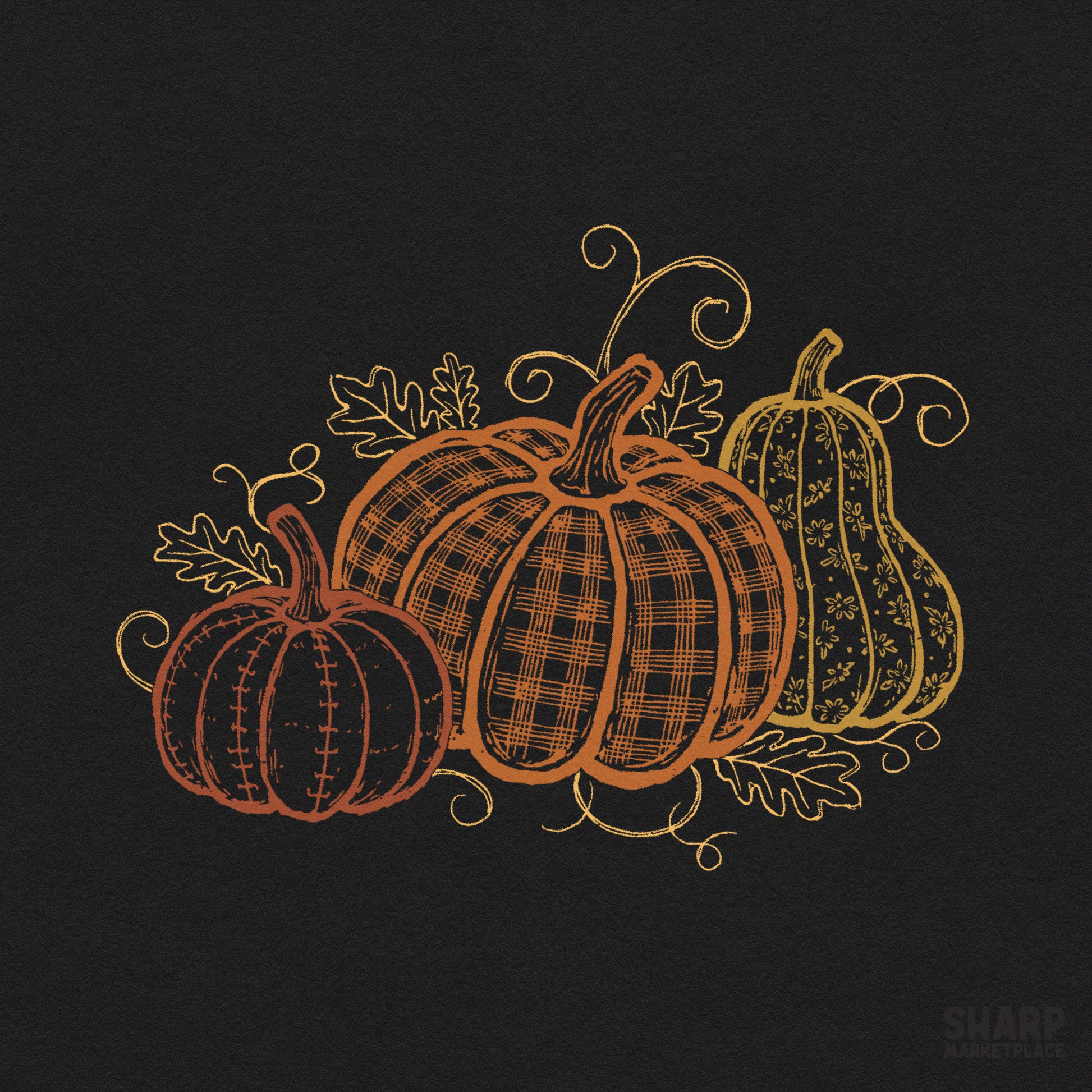 Cozy vintage patterned pumpkins trio art print for autumn and thanksgiving sublimation designs
