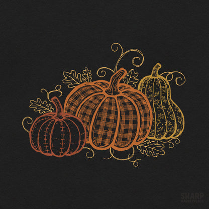Cozy vintage patterned pumpkins trio art print for autumn and thanksgiving sublimation designs