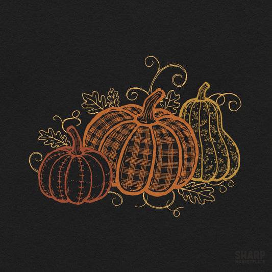 Cozy vintage patterned pumpkins trio art print for autumn and thanksgiving sublimation designs
