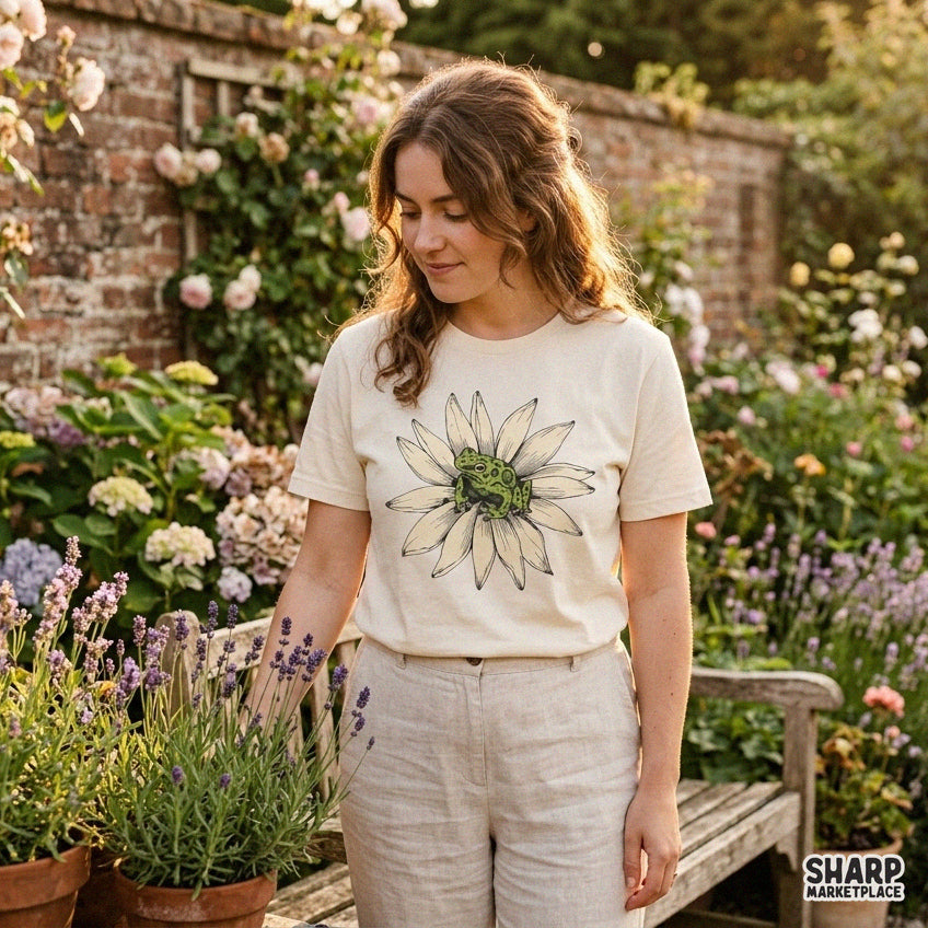 Vibrant green frog sitting on a white daisy flower sublimation PNG for spring nature t-shirt designs