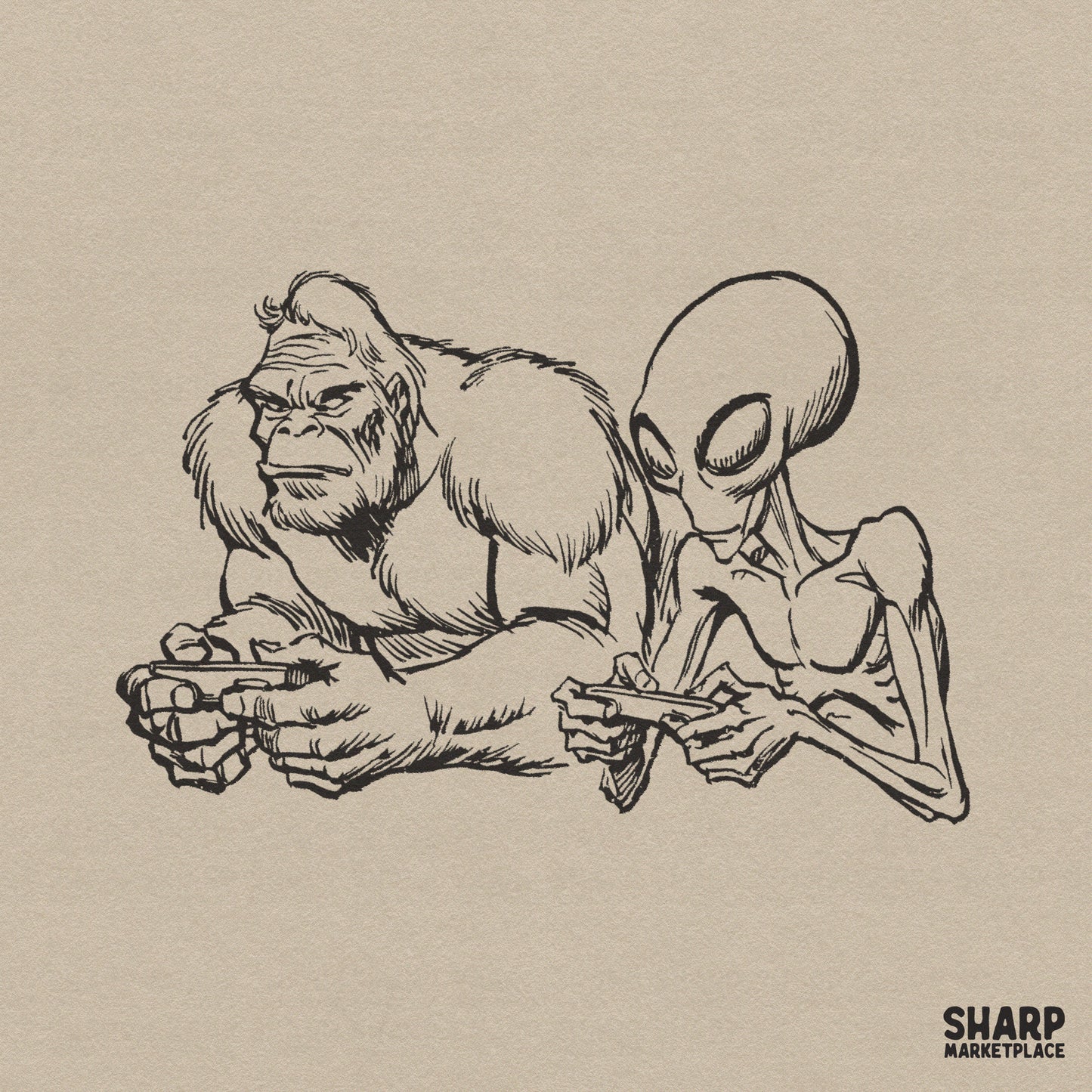 Retro sketch of Bigfoot and an alien playing video games for funny gamer t-shirts and digital sublimation designs
