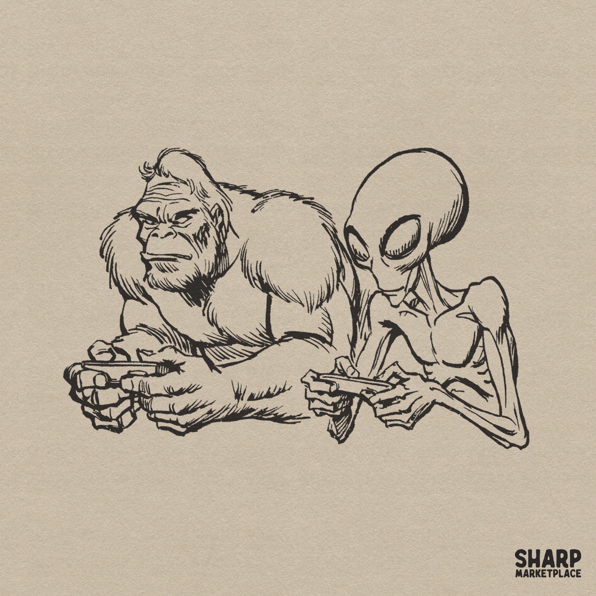Retro sketch of Bigfoot and an alien playing video games for funny gamer t-shirts and digital sublimation designs