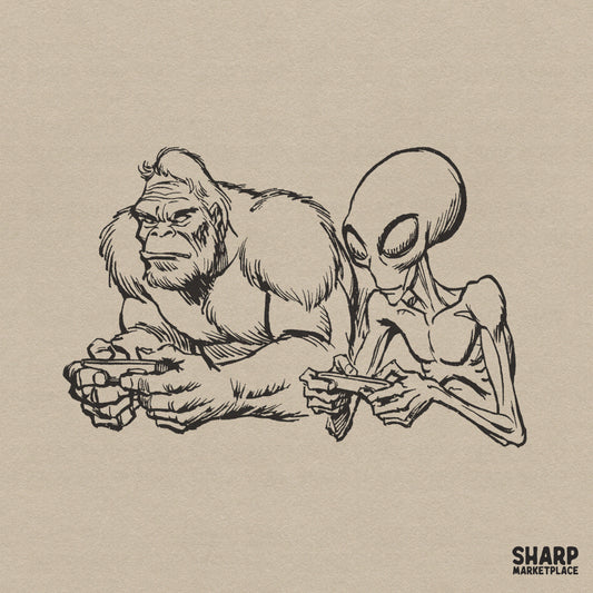 Retro sketch of Bigfoot and an alien playing video games for funny gamer t-shirts and digital sublimation designs