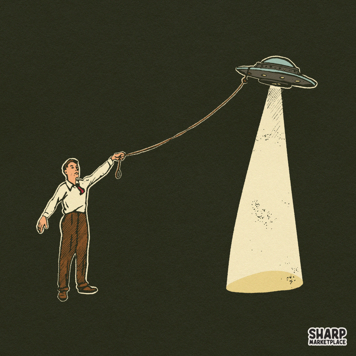 Retro cowboy catching a spaceship with a lasso in a funny western sci-fi graphic design for t-shirts