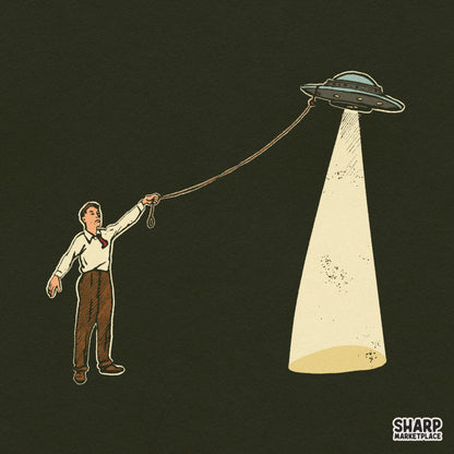 Retro cowboy catching a spaceship with a lasso in a funny western sci-fi graphic design for t-shirts