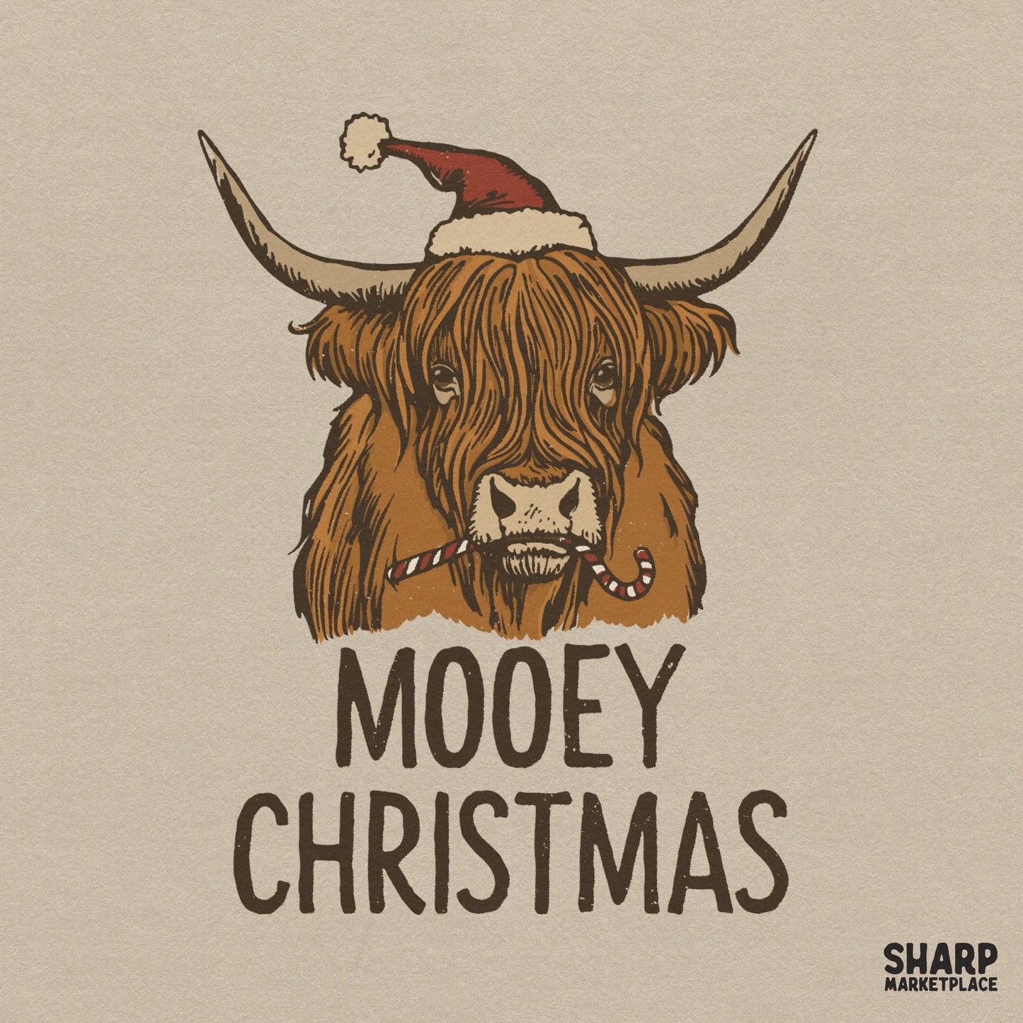 Funny Christmas highland cow png wearing a Santa hat and holding a candy cane for holiday sublimation shirts