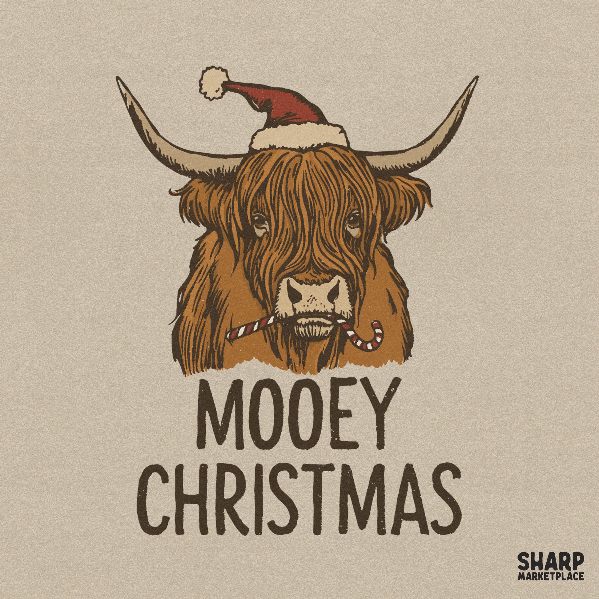Funny Christmas highland cow png wearing a Santa hat and holding a candy cane for holiday sublimation shirts