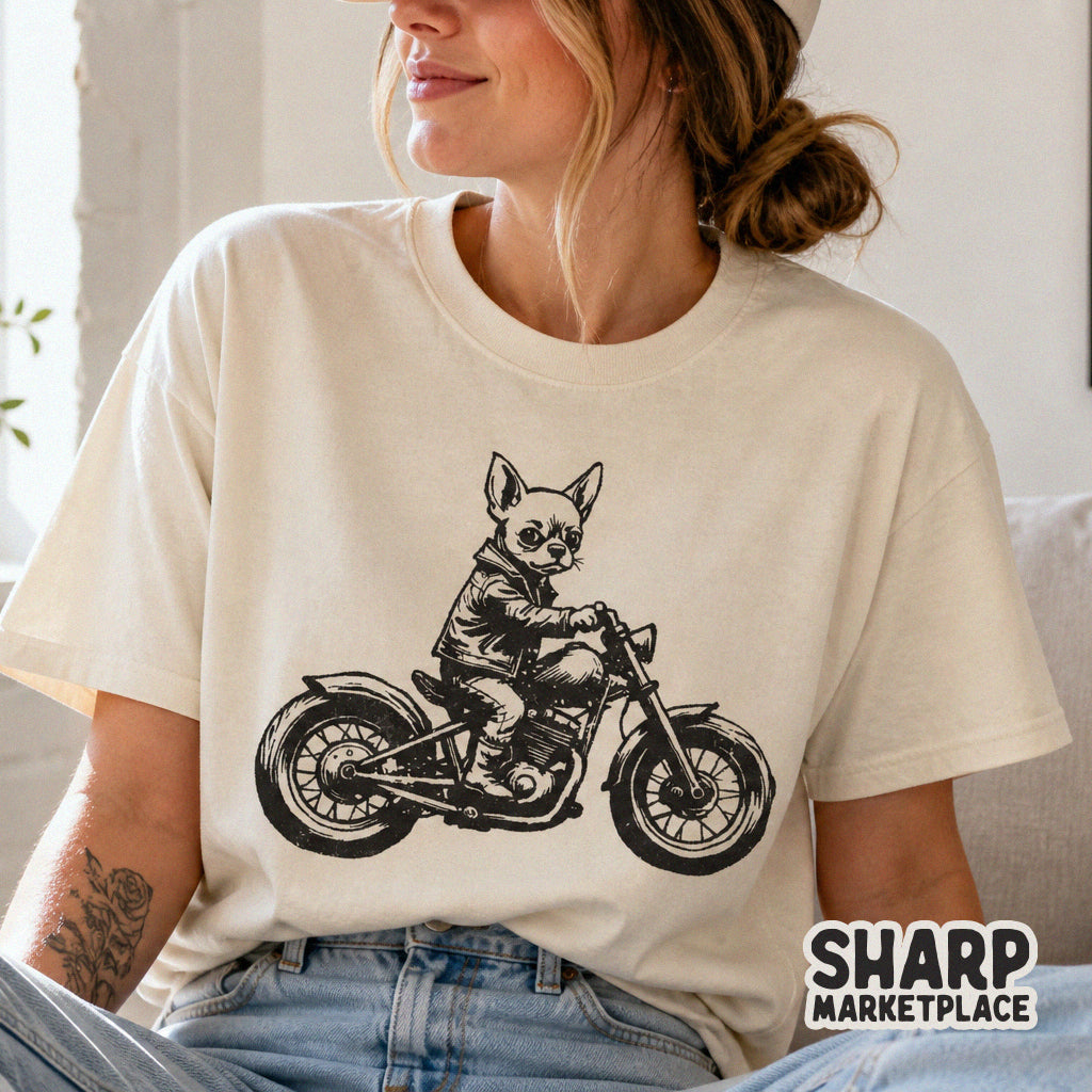 A trendy graphic design featuring a tough chihuahua biker on a motorcycle, perfect for custom t-shirts, sublimation, and DIY craft projects.