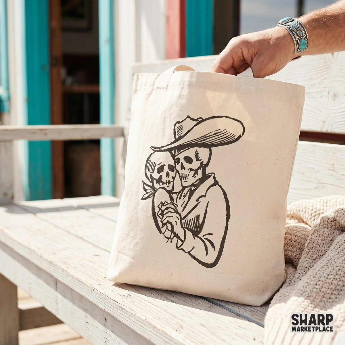 Detailed sketch-style digital download of a skeleton cowboy and his companion, ideal for western-themed sublimation and custom shirt projects.