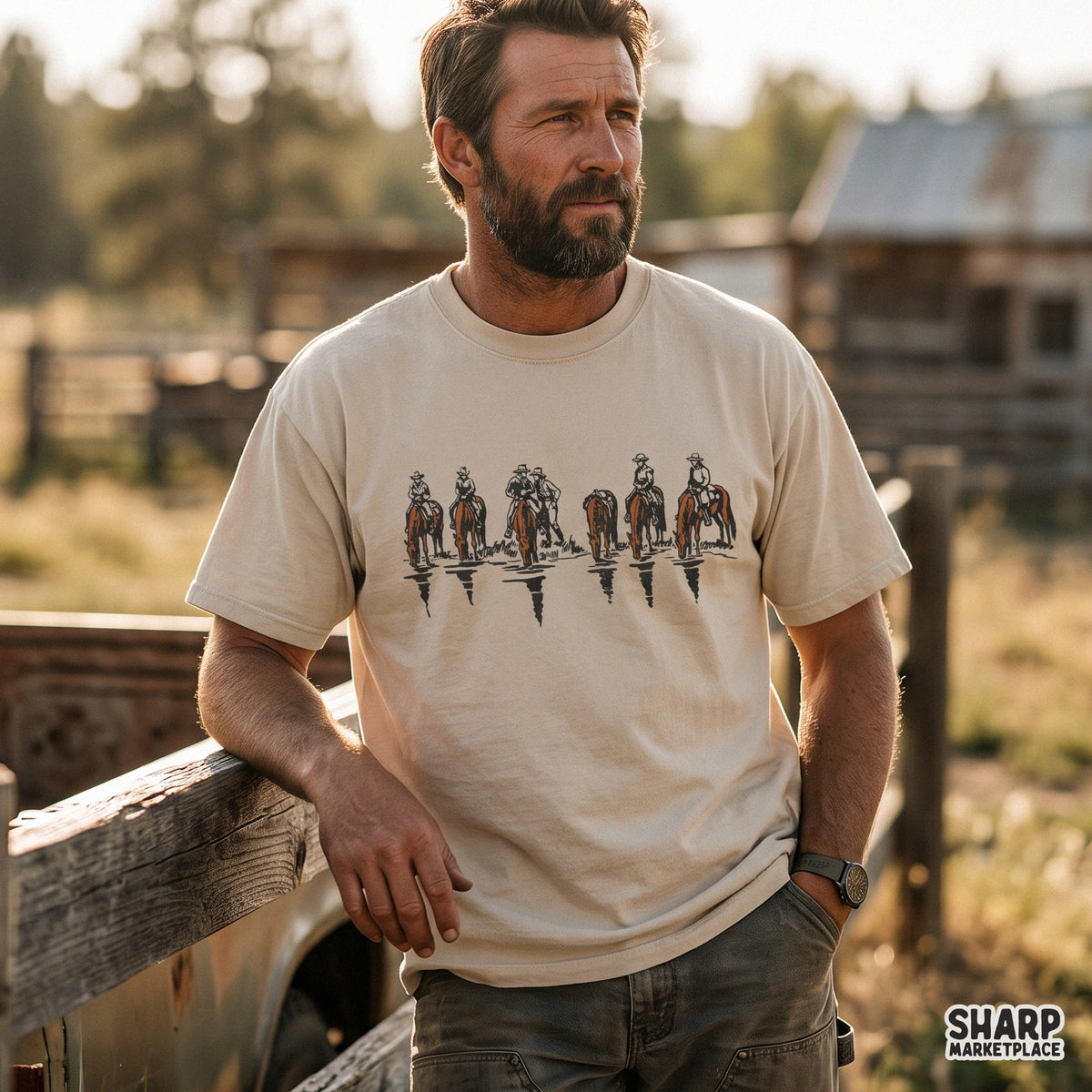 Rustic cowboys on horses at a river with water reflection vintage western ranch sublimation PNG design for t-shirts