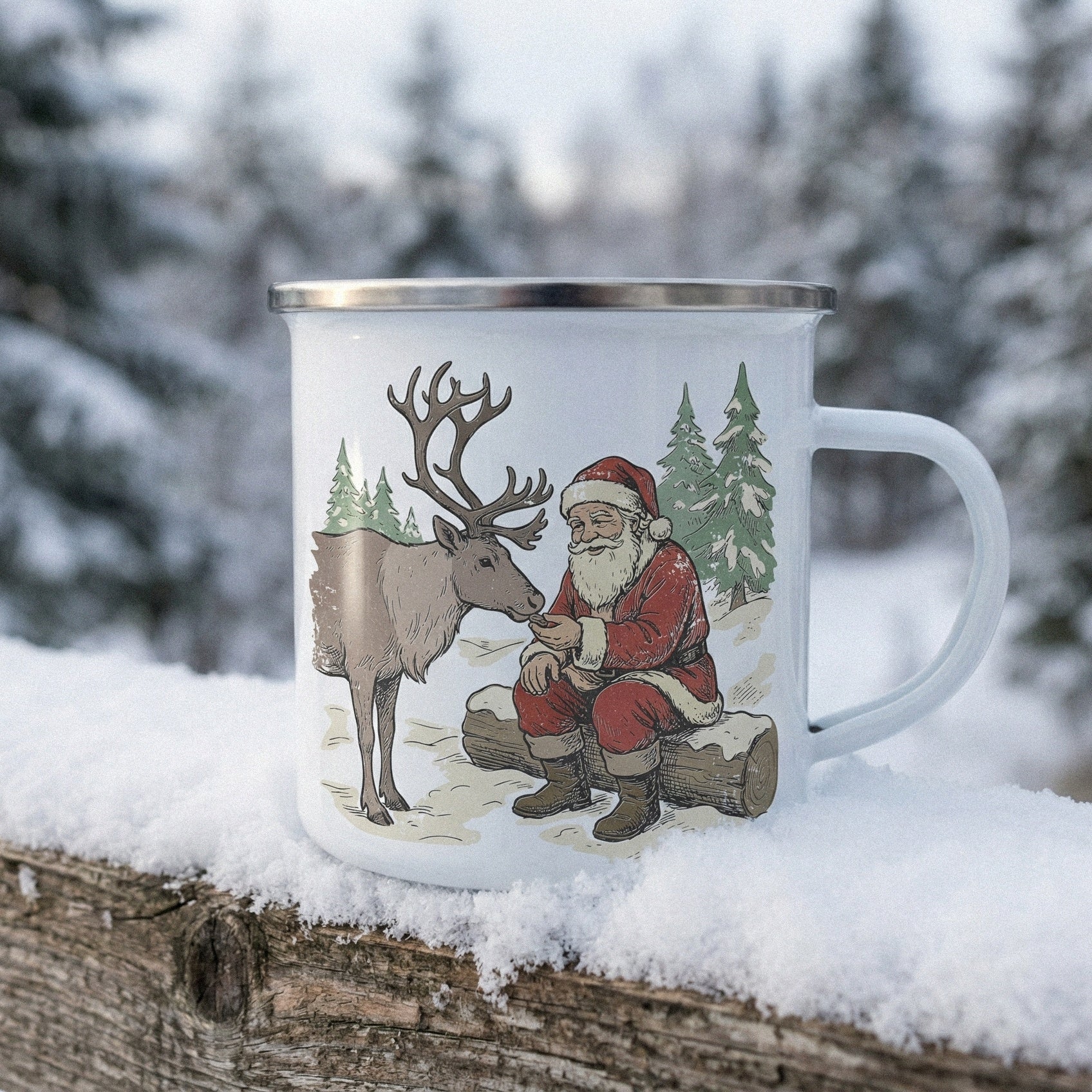 Santa Claus Feeding Reindeer PNG, Vintage Christmas Scene - 300 DPI