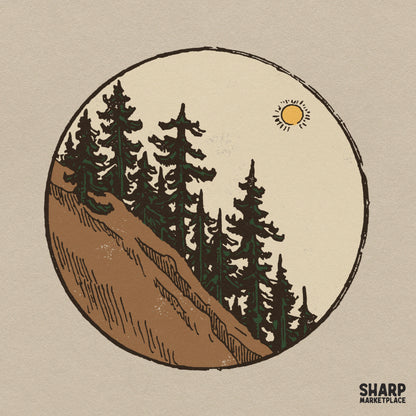 Vintage retro circle graphic with pine trees and rocky slopes for camping lake life shirt sublimation
