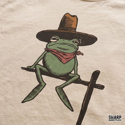 Rodeo frog wearing a cowboy hat and red bandana, funny retro western PNG design for shirt prints