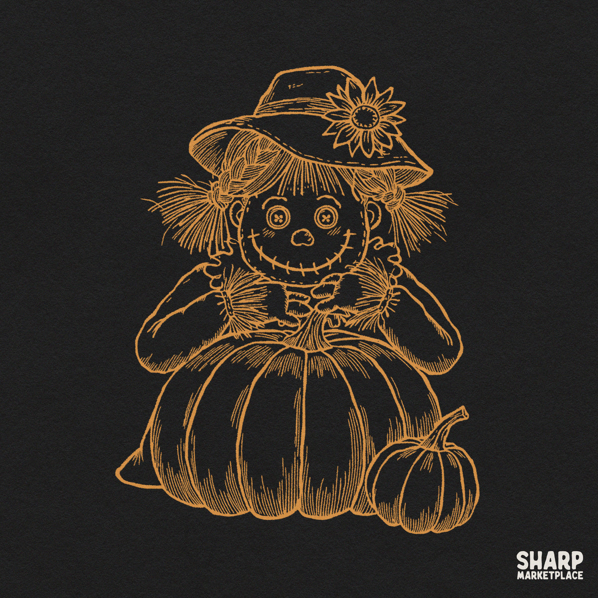 Vintage Scarecrow Doll with Sunflower Hat and Pumpkin