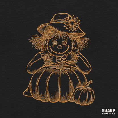 Vintage Scarecrow Doll with Sunflower Hat and Pumpkin