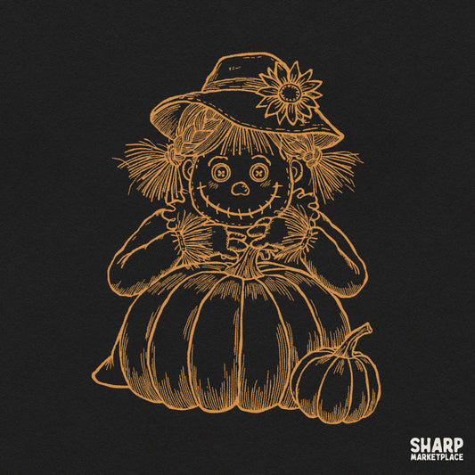 Vintage Scarecrow Doll with Sunflower Hat and Pumpkin