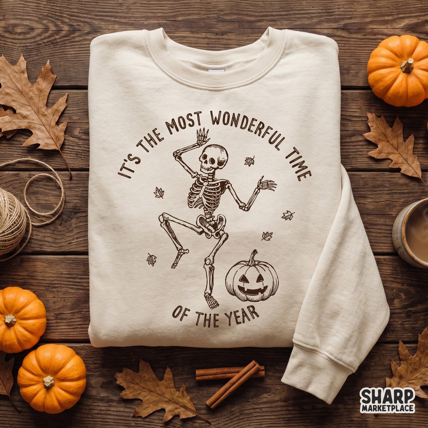 Retro dancing skeleton with fall pumpkins and autumn leaves for a spooky season Halloween shirt design PNG