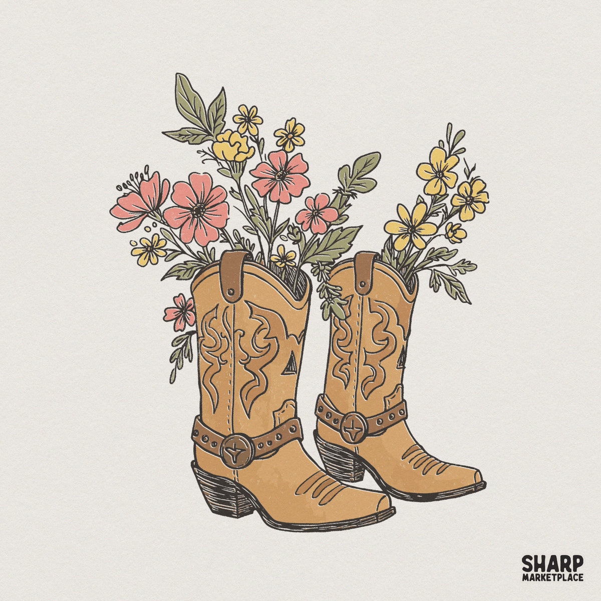 Vintage western illustration of tan leather cowboy boots filled with a bouquet of dusty pink and golden yellow wildflowers for sublimation projects.