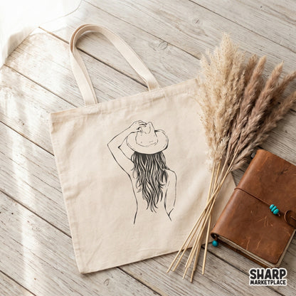 Digital western design featuring a back-view silhouette of a woman in a cowboy hat, ideal for custom t-shirts and stickers.