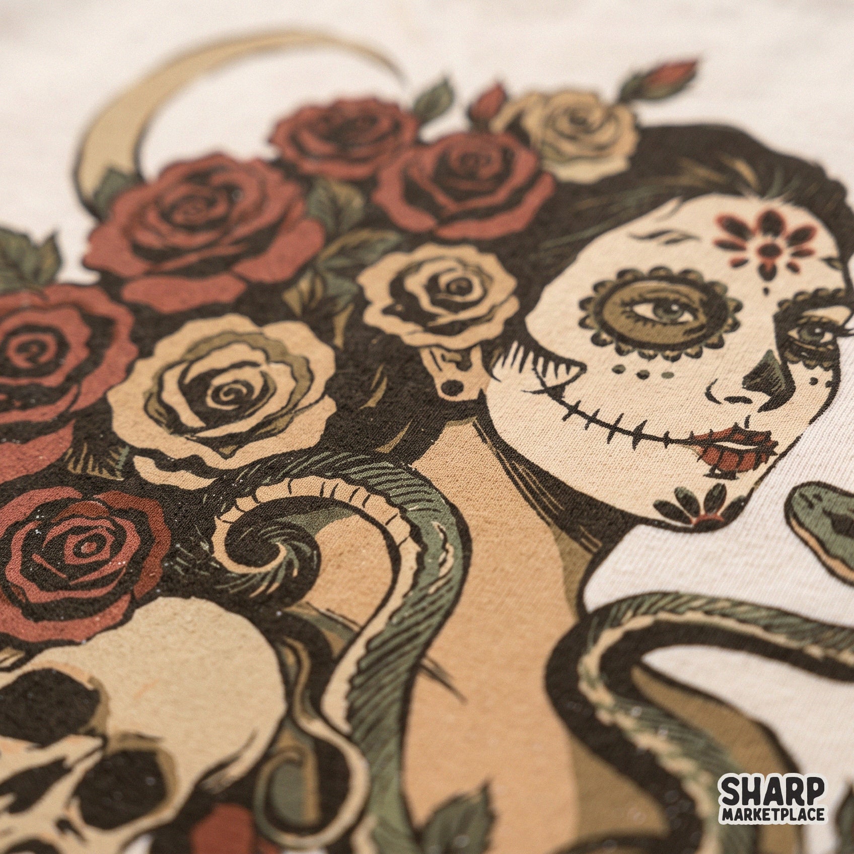 Sugar skull woman with roses and snake gothic halloween png sublimation design for spooky season apparel