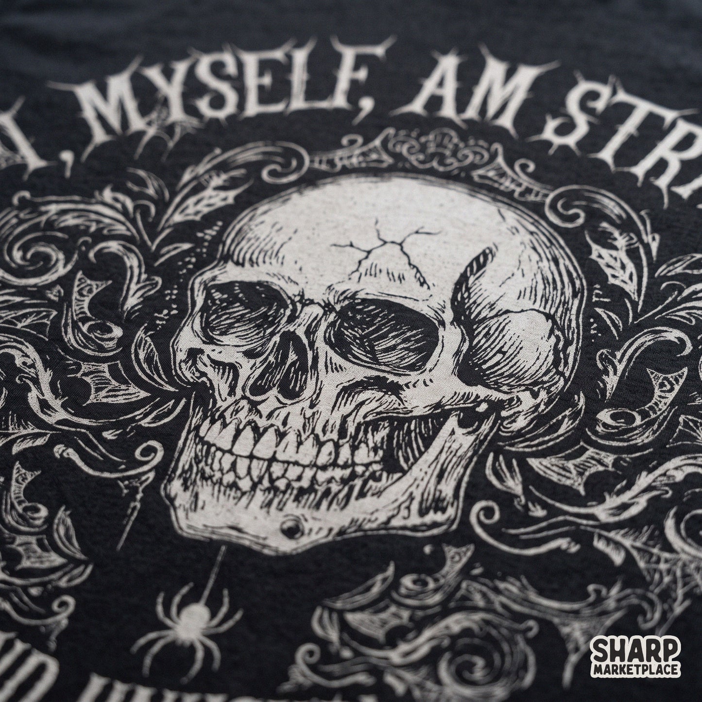 Ornate skull and spider web design with a gothic horror movie quote for spooky season t-shirt sublimation and stickers