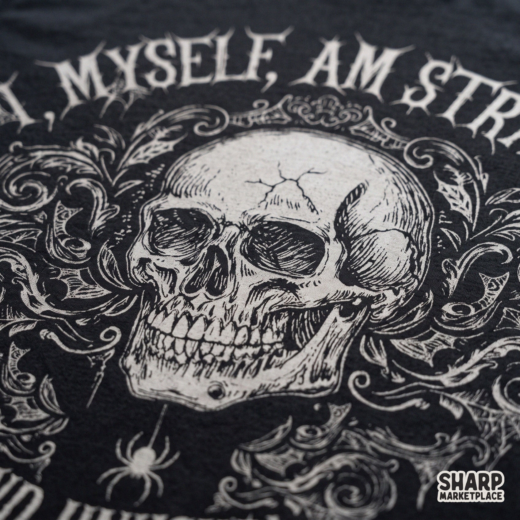 Ornate skull and spider web design with a gothic horror movie quote for spooky season t-shirt sublimation and stickers