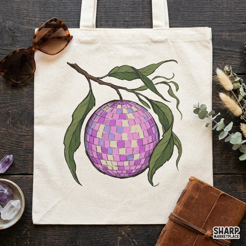 Funky disco ball fruit hanging from a branch retro Y2K groovy botanical digital PNG for summer sublimation printing