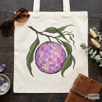 Funky disco ball fruit hanging from a branch retro Y2K groovy botanical digital PNG for summer sublimation printing