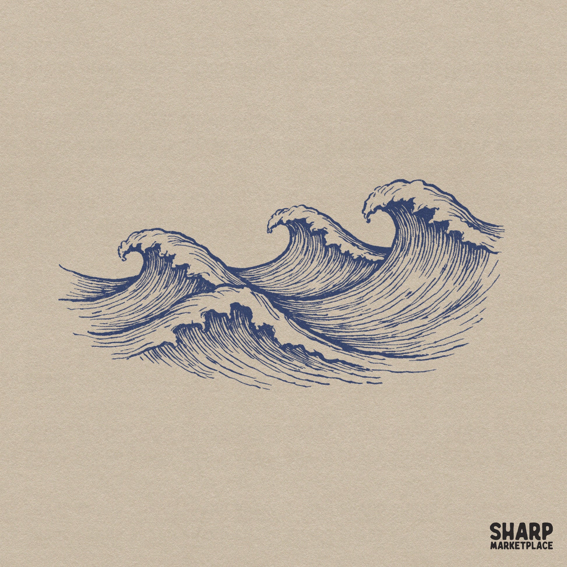 Vintage ocean waves aesthetic sketch for trendy summer t-shirts and retro Japanese style sea print sublimation designs