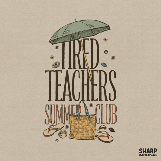 Retro Tired Teachers Summer Club beach design for teacher png t-shirts and tote bags