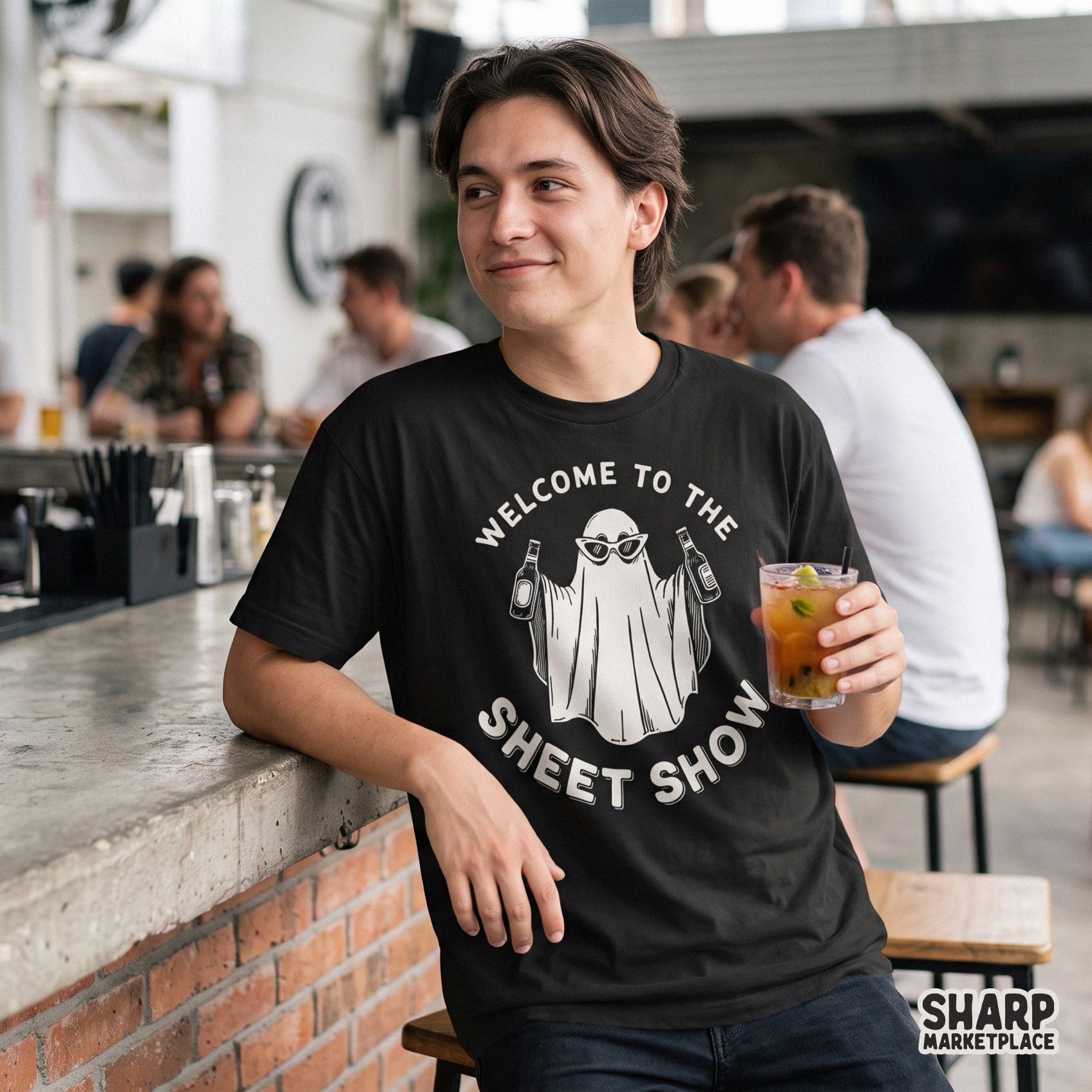 Retro Halloween ghost drinking beer with Welcome to the Sheet Show text for funny spooky season shirt sublimation designs