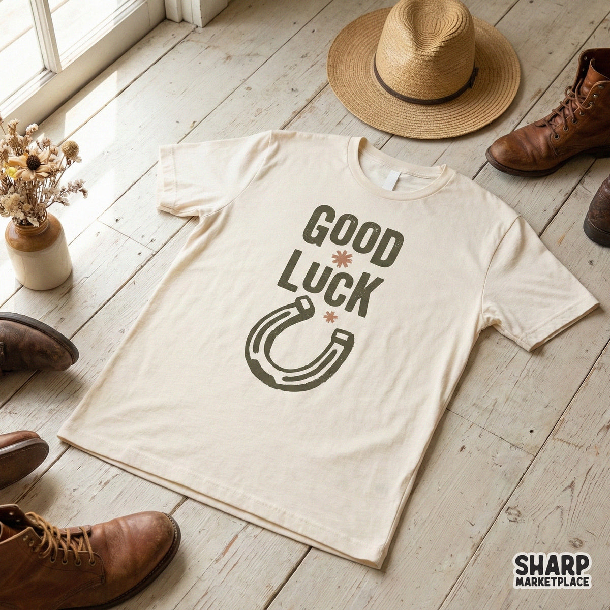 Retro Good Luck typography and horseshoe illustration featured on a cream-colored t-shirt, showcasing a distressed, vintage-inspired aesthetic for apparel.