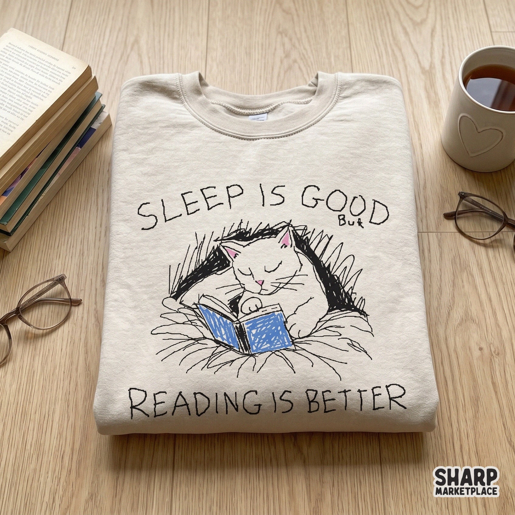 Sleep Is Good Reading Is Better Cat Book Sketch, PNG Designs For Shirt