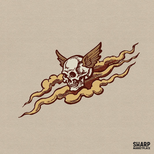 Vintage flying winged skull through clouds tattoo flash art PNG graphic for Halloween shirt sublimation prints