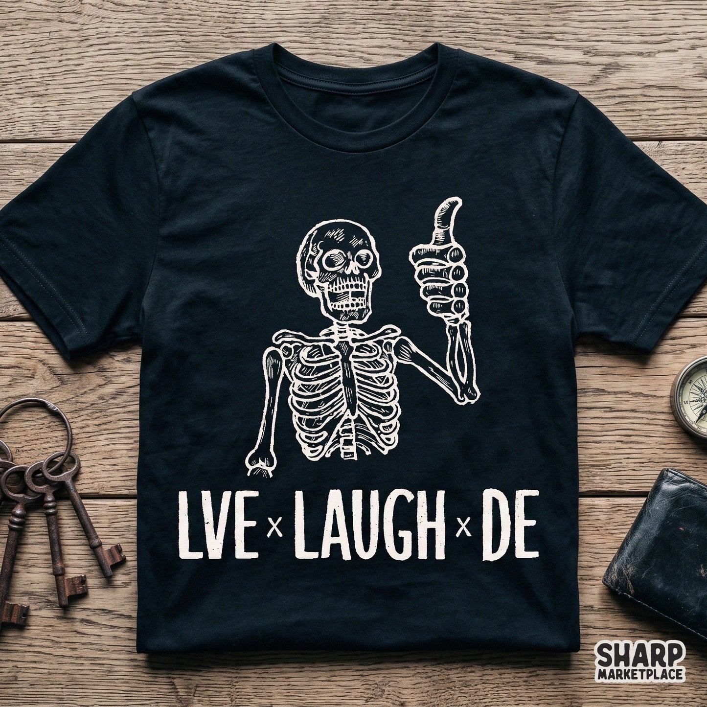 Retro white lineart skeleton with sarcastic Live Laugh Die quote for spooky season halloween shirts and dark aesthetic decor