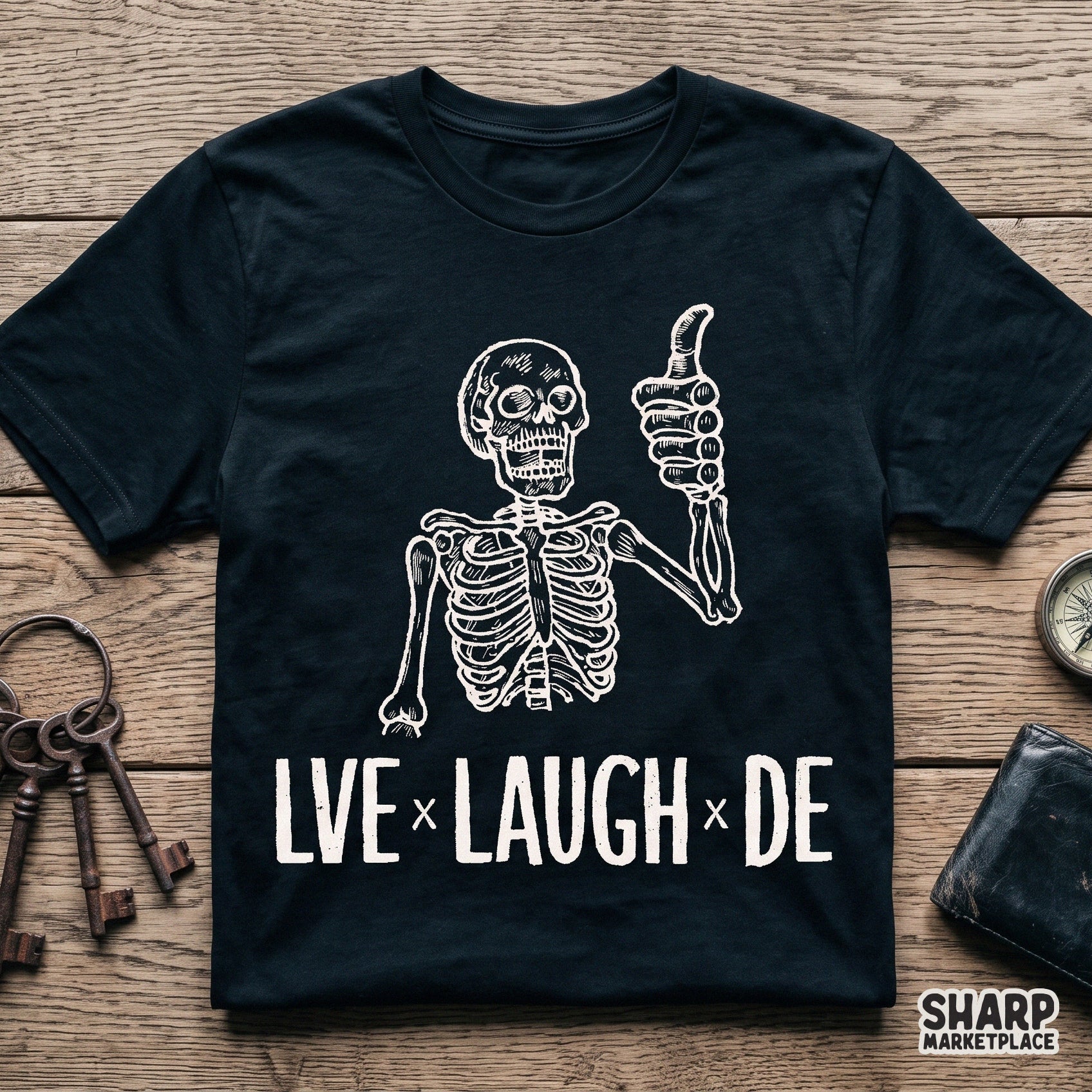 Retro white lineart skeleton with sarcastic Live Laugh Die quote for spooky season halloween shirts and dark aesthetic decor