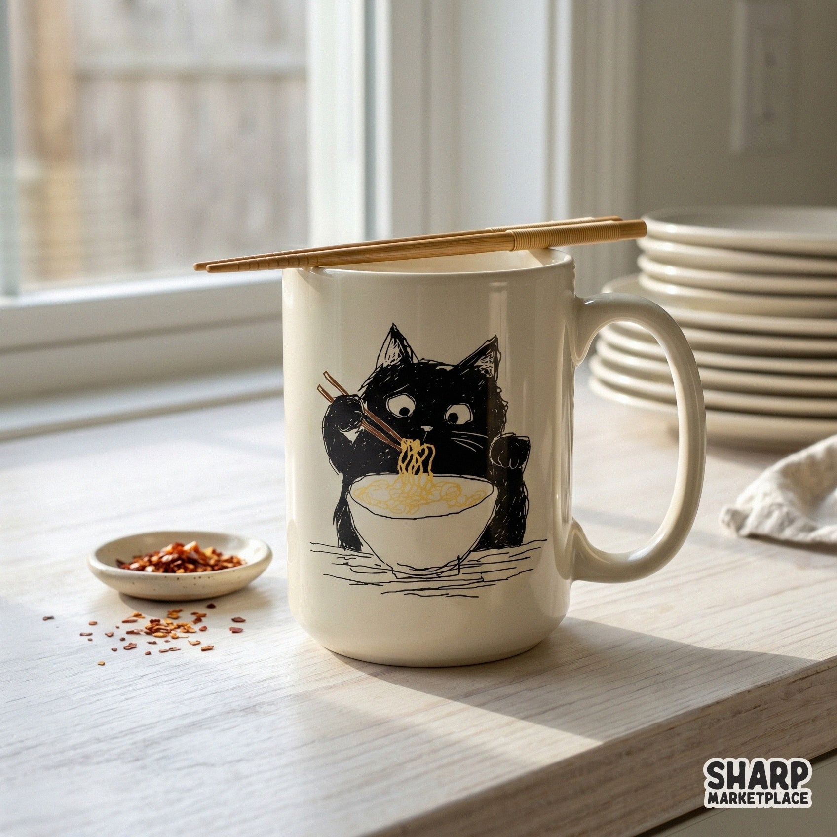 Sketch-style black cat eating noodles with chopsticks, a charming digital illustration for trendy apparel, tote bags, and DIY sublimation projects.