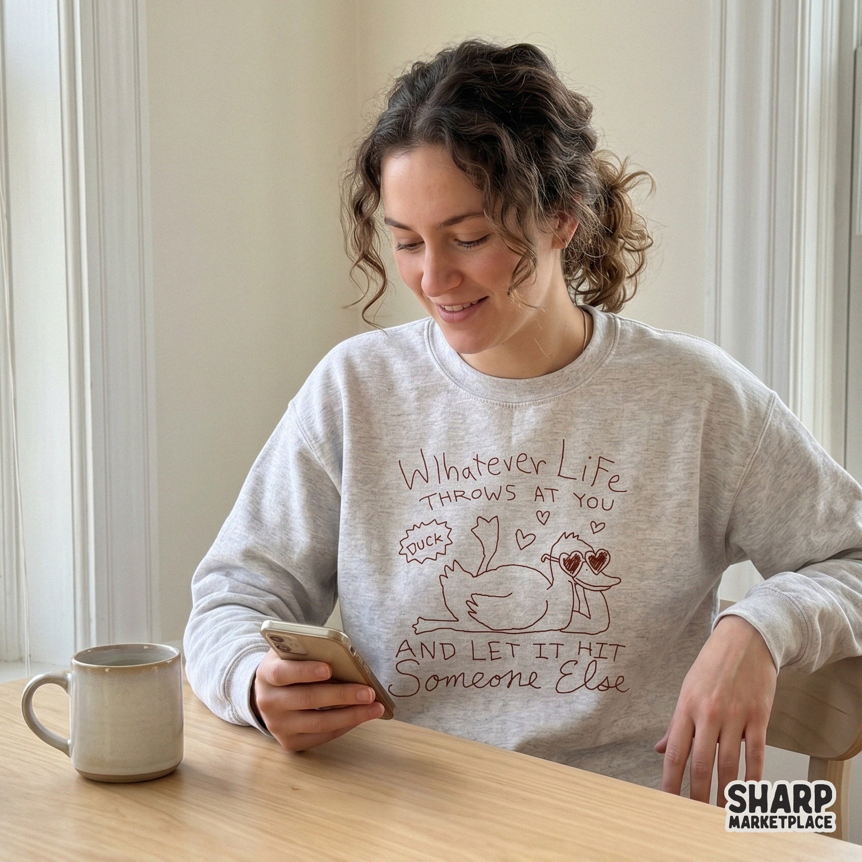 Funny duck sublimation design featuring a hand-drawn duck in heart shades and a speech bubble saying Duck, perfect for sarcastic t-shirts or stickers.