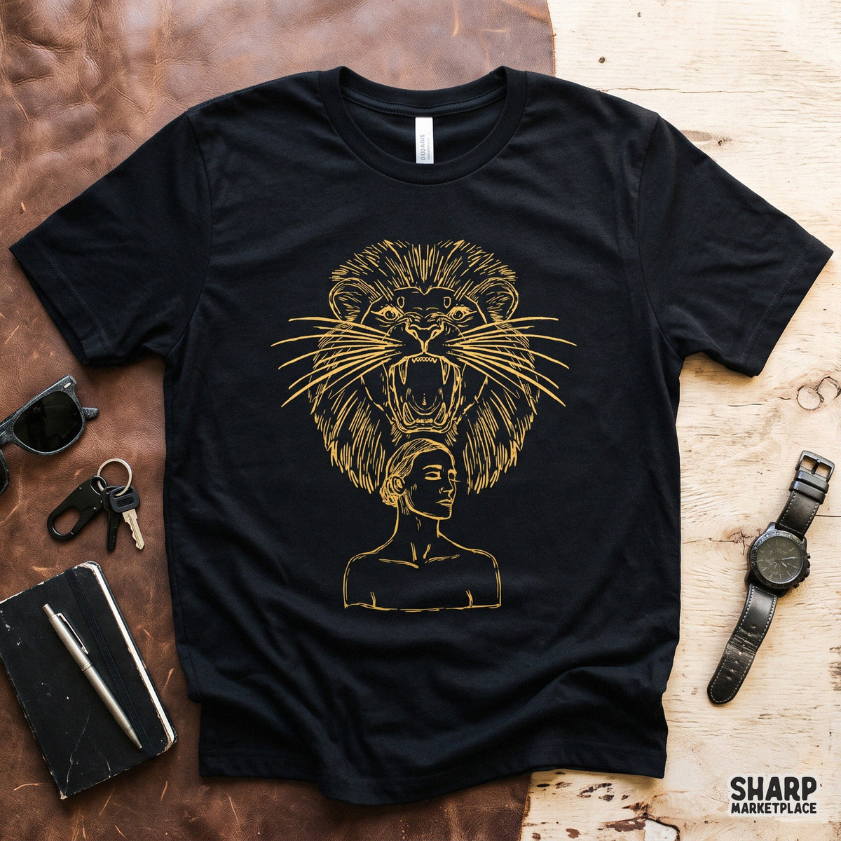 Roaring Lion Mane Crowned Woman Gold Line Art, Trendy PNG
