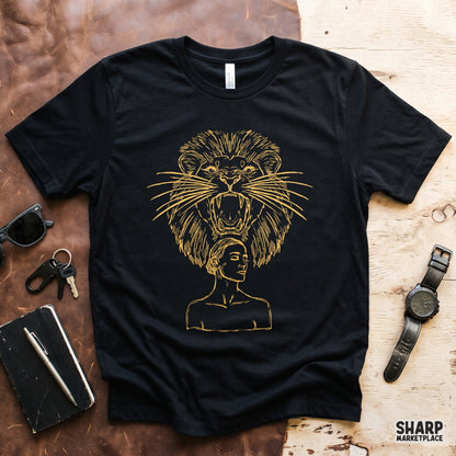 Roaring Lion Mane Crowned Woman Gold Line Art, Trendy PNG